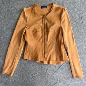 Illia Tan Genuine Leather Mixed Media Zip Front Jacket Made in USA Womens 8